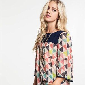 Umgee Sheer Boho Geometric Print Blouse – Multicolor Triangle Top, Size Medium
